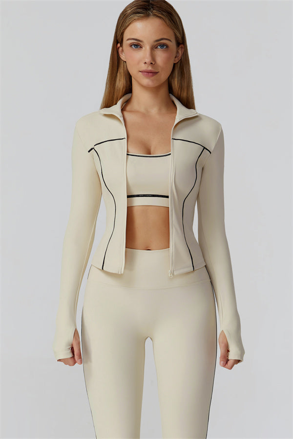 The Venus Zip Top Sports Bra Leggings 3-Piece Set Almond