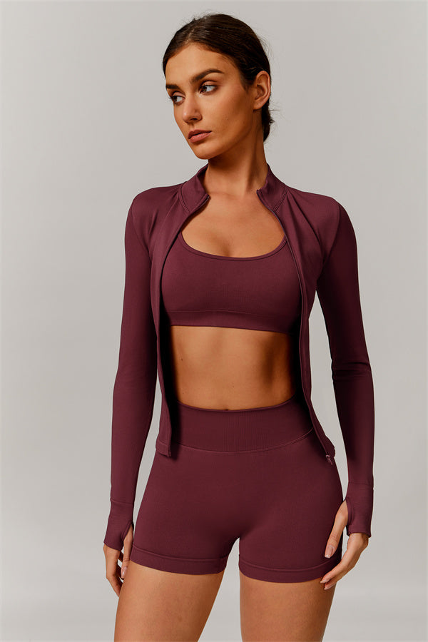 The Nova Luxe Jacket Sports Bra Shorts 3-Piece Set Burgundy
