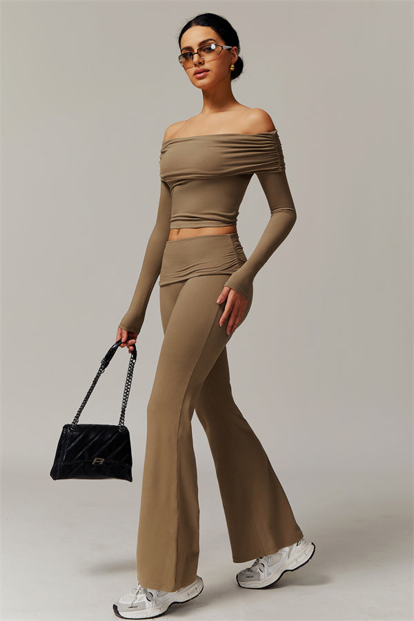 The Luxe Ruched Long Sleeve Off-Shoulder Top Flared Leggings 2-Piece Set