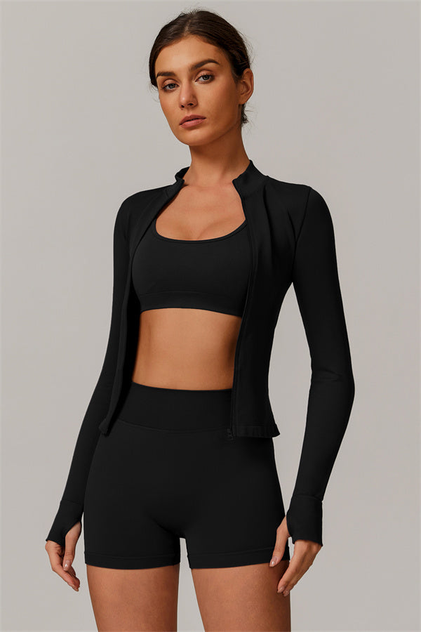 The Nova Luxe Jacket Sports Bra Shorts 3-Piece Set Black