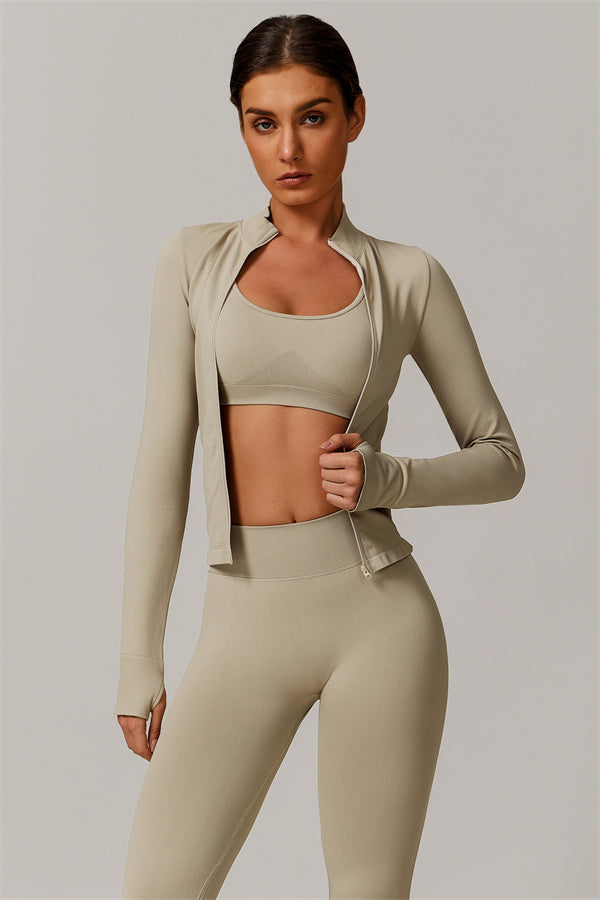 The Nova Luxe Jacket Sports Bra Leggings 3-Piece Set Almond