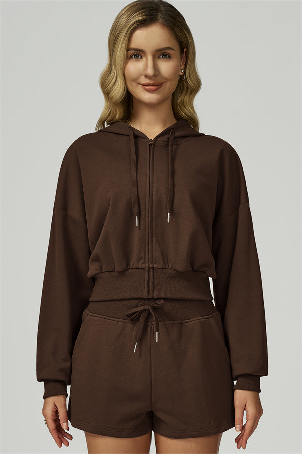 The FlexFit Crop Hoodie Shorts 2-Piece Set Taupe