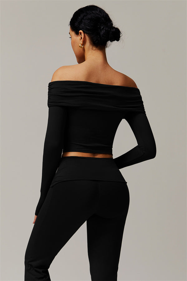 The Luxe Ruched Long Sleeve Off-Shoulder Top Flared Leggings 2-Piece Set