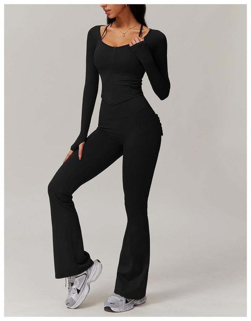 Tiggy Zip Longsleeve Top & Flared Set Black