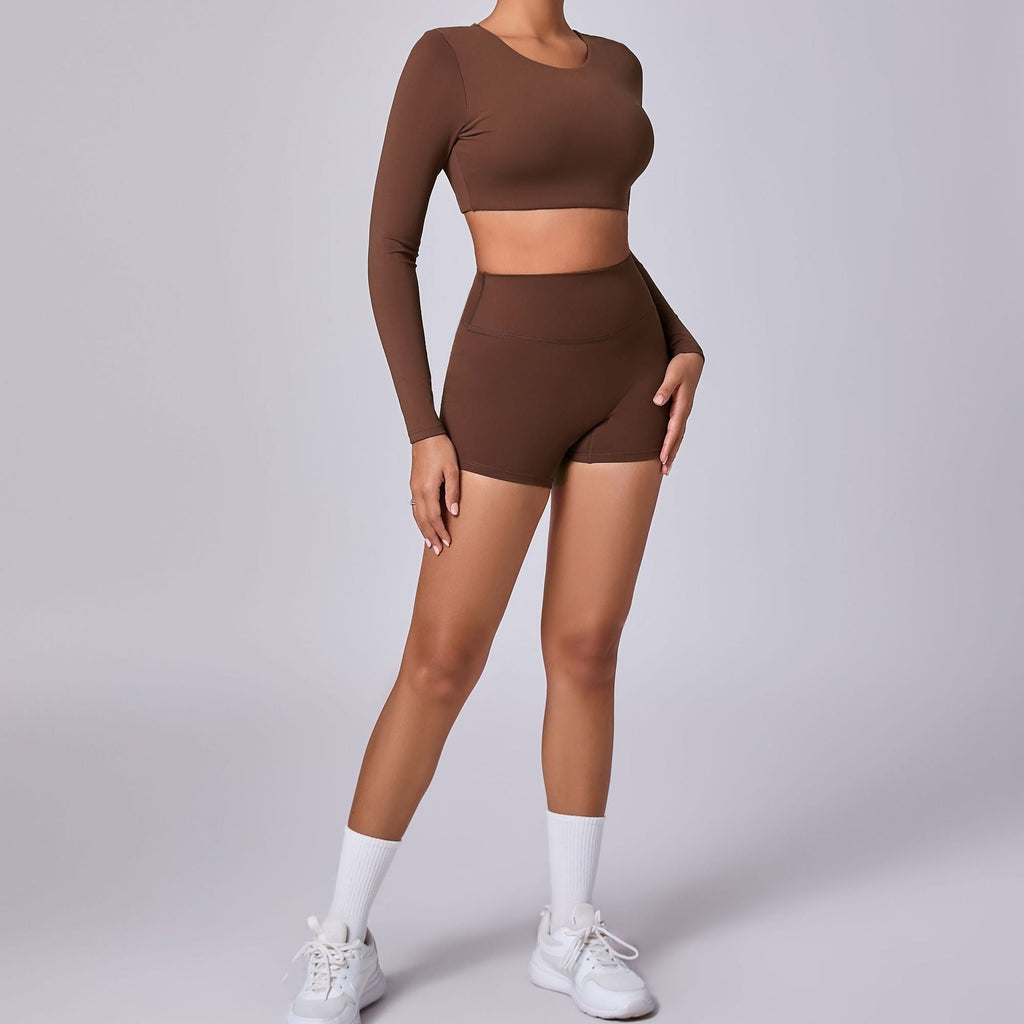 Beth Longsleeve Crop Top & Shorts Set Brown