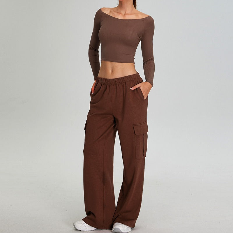 Annora Off Shoulder Top & Joggers Set Brown