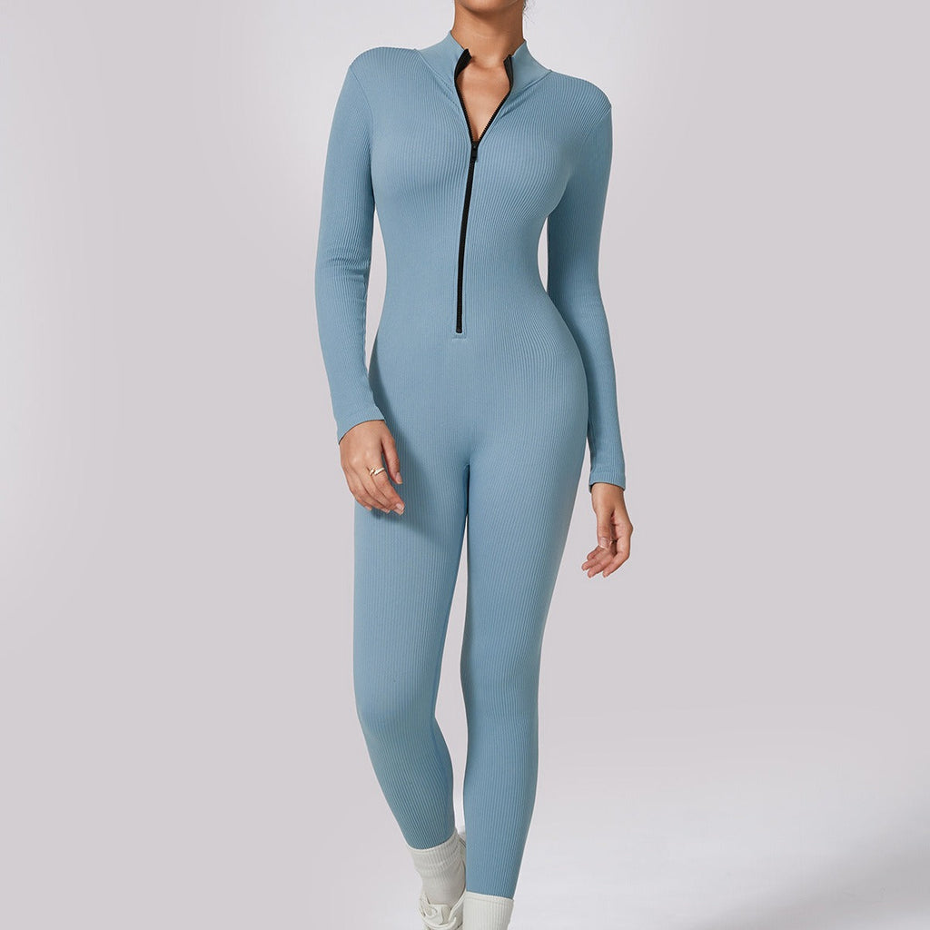 Zip Up Luxe Ribbed Jumpsuit Denim