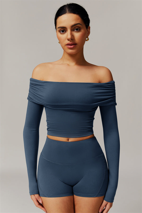 The Luxe Ruched Long Sleeve Off-Shoulder Top Shorts 2-Piece Set Chambray