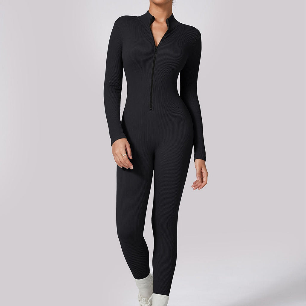 Zip Up Luxe Ribbed Jumpsuit Black