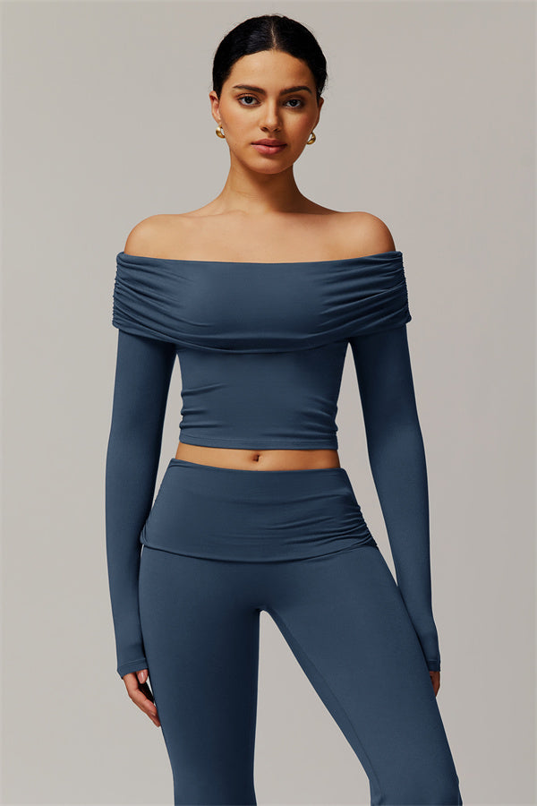 The Luxe Ruched Long Sleeve Off-Shoulder Top Flared Leggings 2-Piece Set Chambray