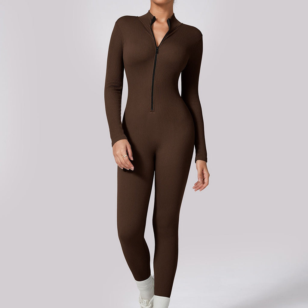 Zip Up Luxe Ribbed Jumpsuit Chocolate