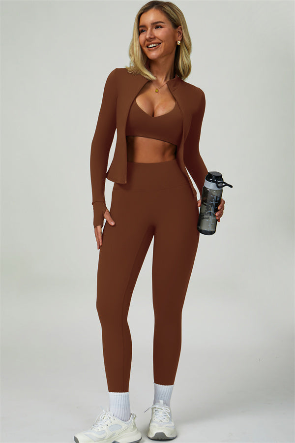 The Seraphine Jacket Sports Bra Leggings 3-Piece Set Walnut