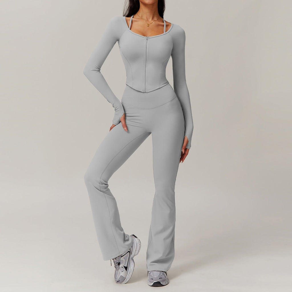 Tiggy Zip Longsleeve Top & Flared Set Light grey