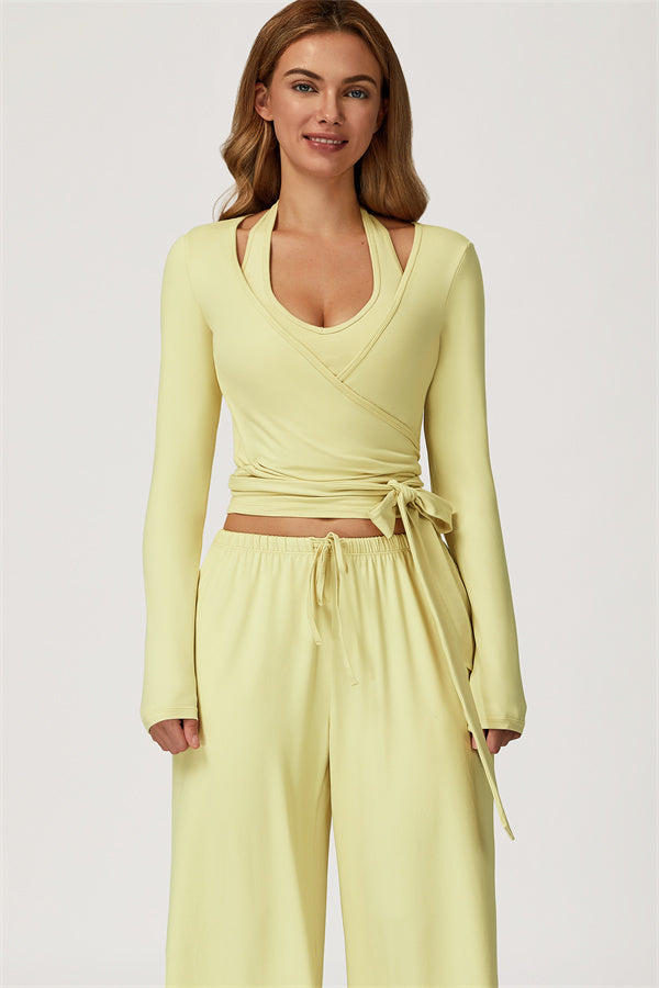 The Sprint Long Sleeve Crop Top Halter Tank Top Sweatpants 3-Piece Set Yellow Tan