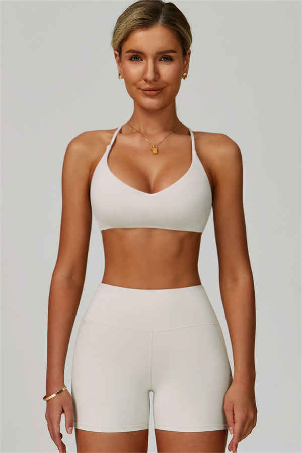 The Bold Cross Back Sports Bra Shorts 2-Piece Set Pearl White