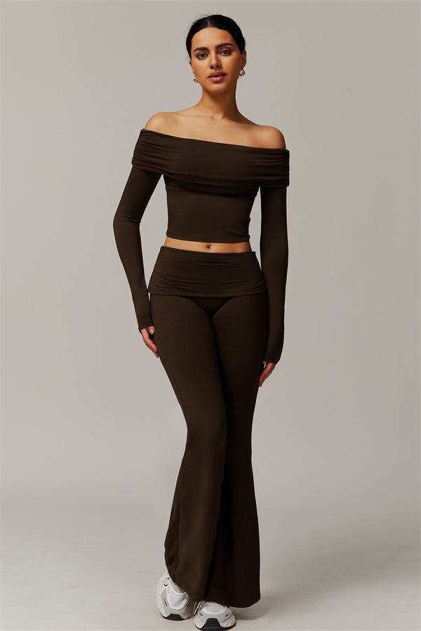 The Luxe Ruched Long Sleeve Off-Shoulder Top Flared Leggings 2-Piece Set