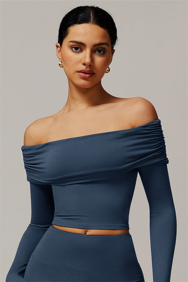 The Luxe Ruched Long Sleeve Off-Shoulder Top Chambray