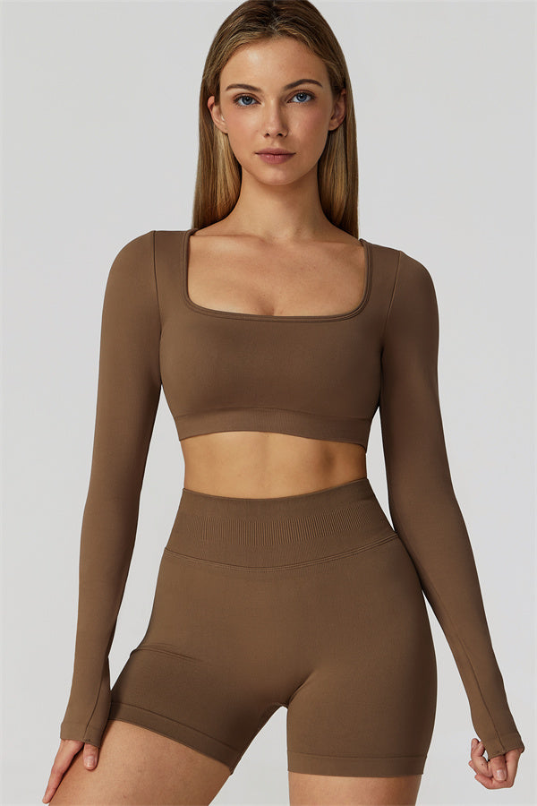 The Reign Long Sleeve Crop Top Shorts 2-Piece Set Roman Brown