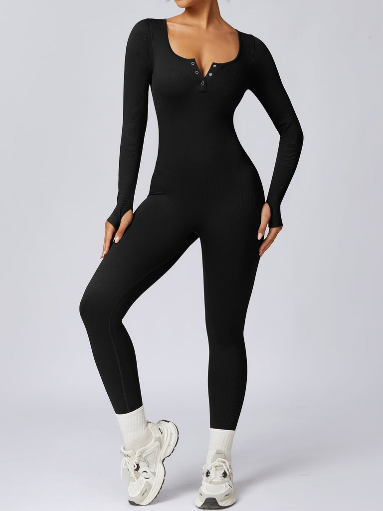 Buttoned Snatched Scoop Jumpsuit Black