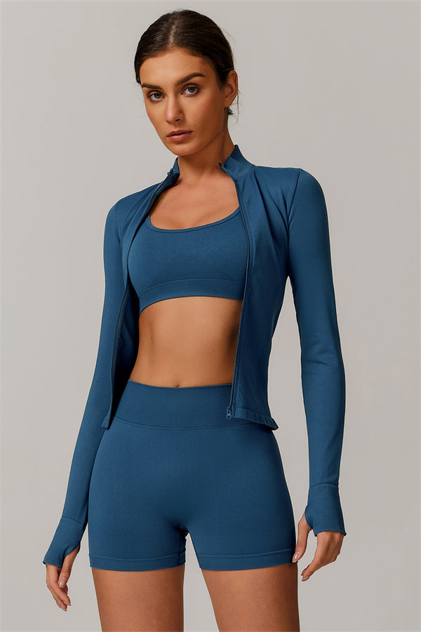 The Nova Luxe Jacket Sports Bra Shorts 3-Piece Set Cobalt