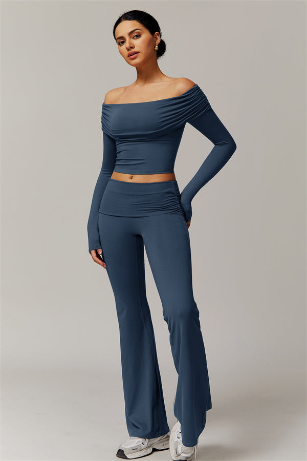 The Luxe Ruched Long Sleeve Off-Shoulder Top Flared Leggings 2-Piece Set