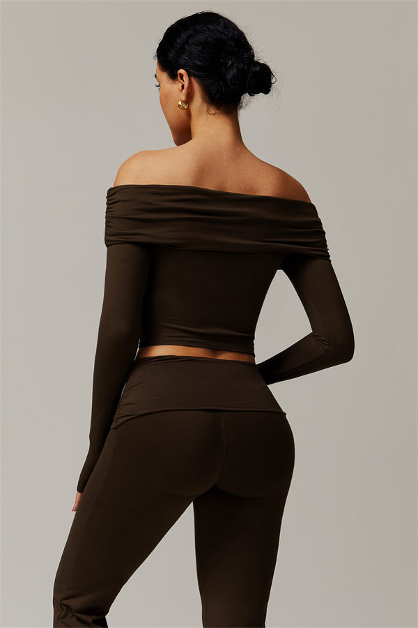 The Luxe Ruched Long Sleeve Off-Shoulder Top Flared Leggings 2-Piece Set