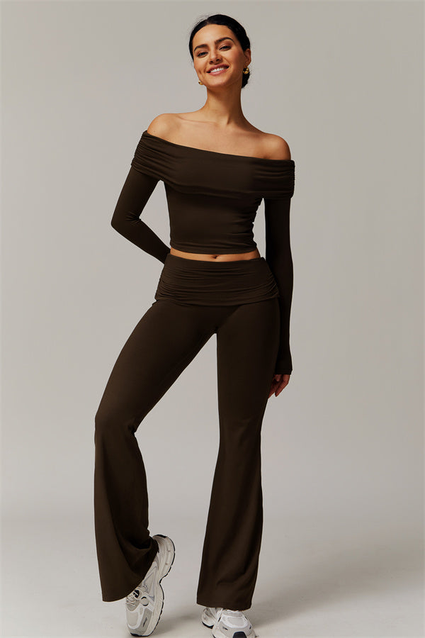 The Luxe Ruched Long Sleeve Off-Shoulder Top Flared Leggings 2-Piece Set