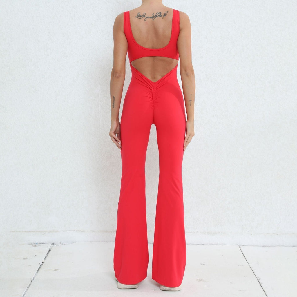 Scrunch V Back Flared Jumpsuit Red