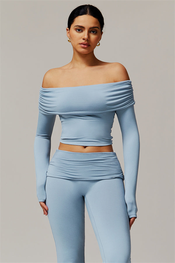 The Luxe Ruched Long Sleeve Off-Shoulder Top Flared Leggings 2-Piece Set Cornflower