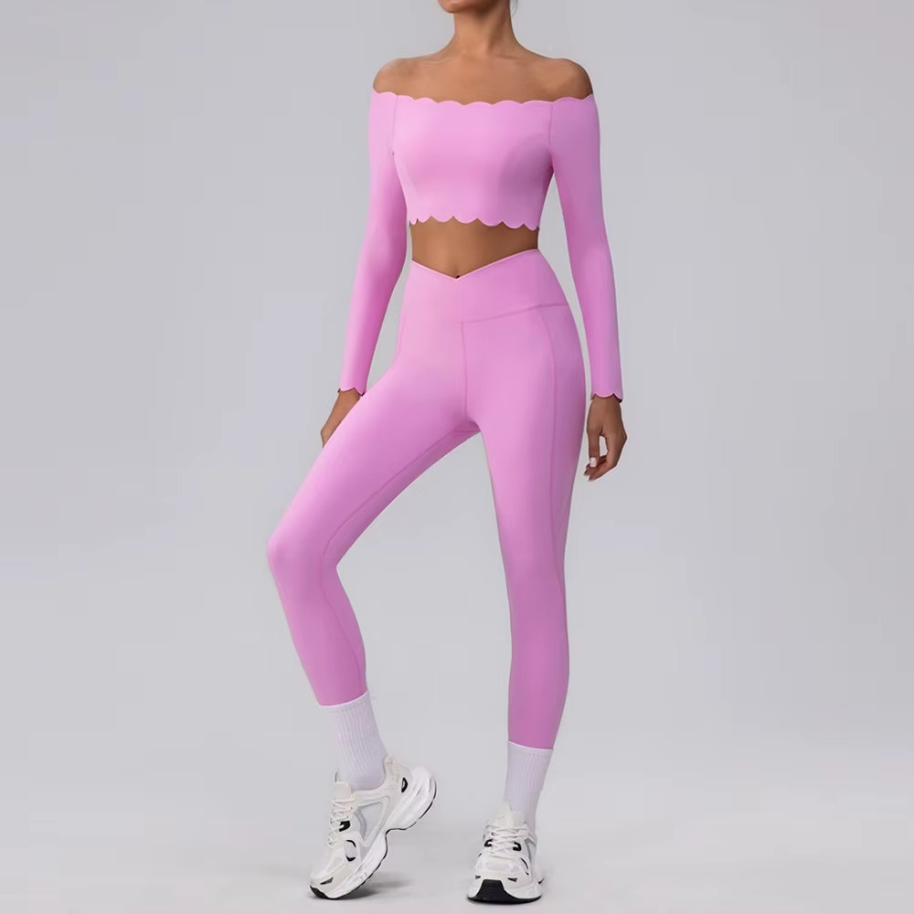 Scallop Off Shoulder Longsleeve Top & Leggings Set Pink