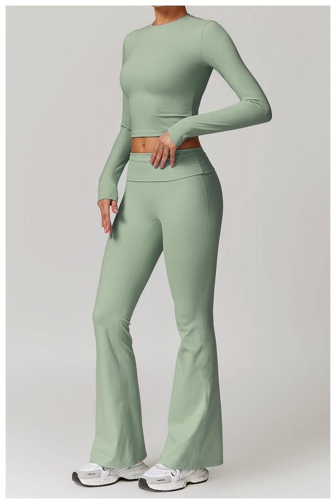 Butter Longsleeve Crop Top & Flared Set Bamboo green