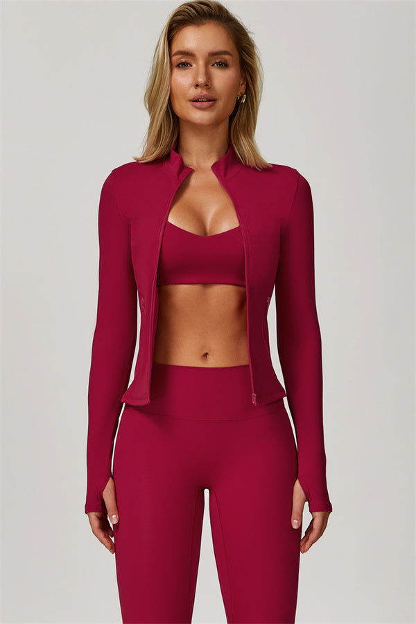 The Refresh Jacket Sports Bra Leggings 3-Piece Set Vivid Carmine