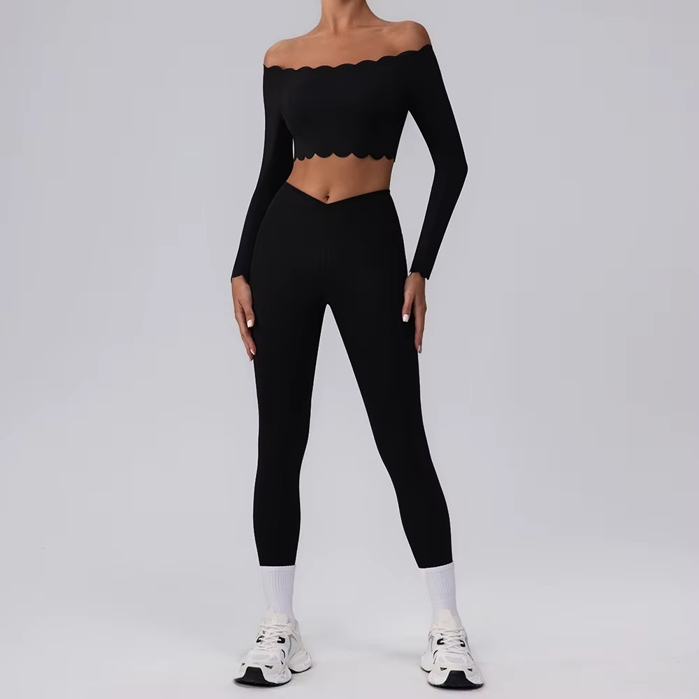 Scallop Off Shoulder Longsleeve Top & Leggings Set Black