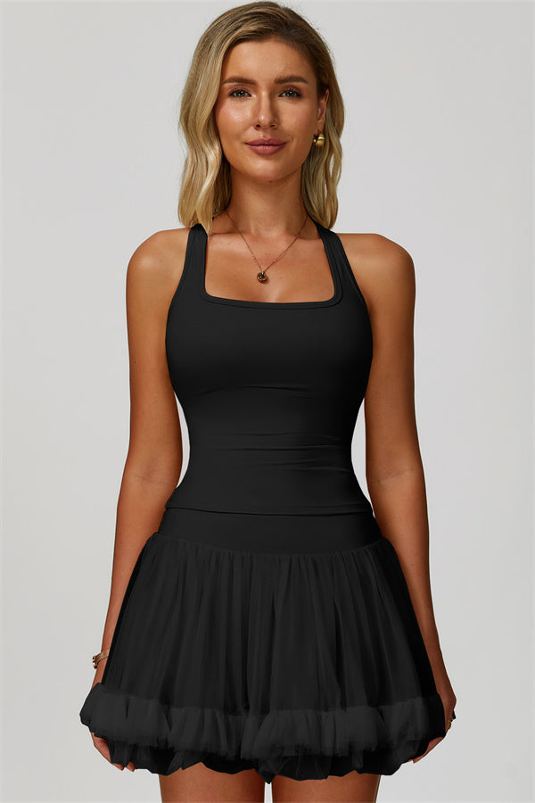 The Dynamic Crop Top Mesh Tennis Skirt 2-Piece Set Black