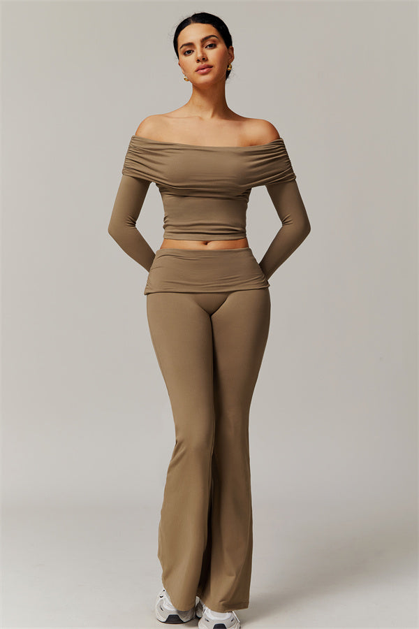 The Luxe Ruched Long Sleeve Off-Shoulder Top Flared Leggings 2-Piece Set