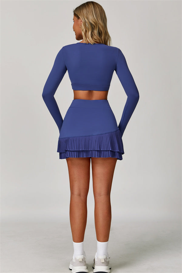 The Lavish Long Sleeve Cut-out Crop Top Tennis Skirt 2-Piece Set