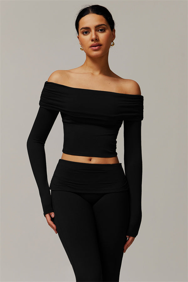 The Luxe Ruched Long Sleeve Off-Shoulder Top Flared Leggings 2-Piece Set Black