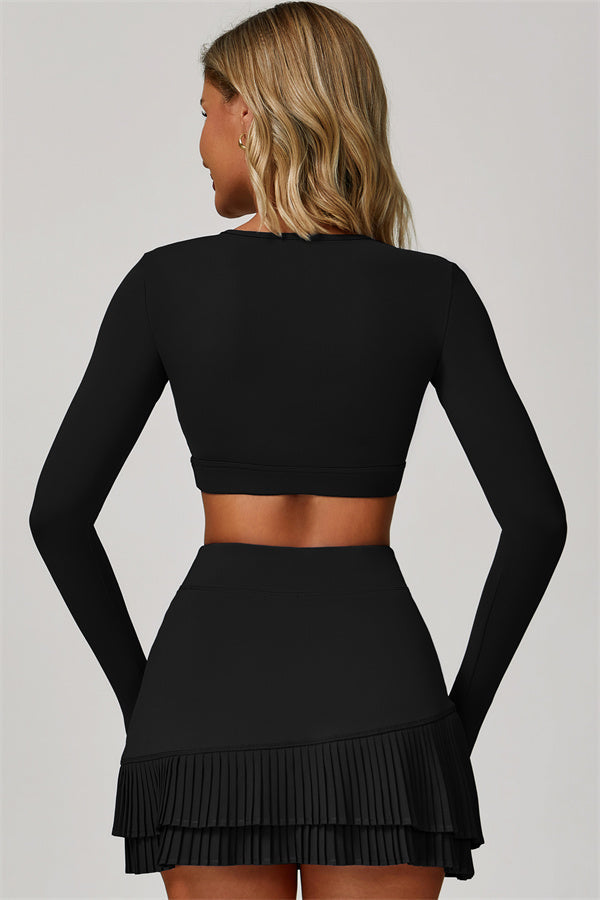 The Lavish Long Sleeve Cut-out Crop Top Tennis Skirt 2-Piece Set