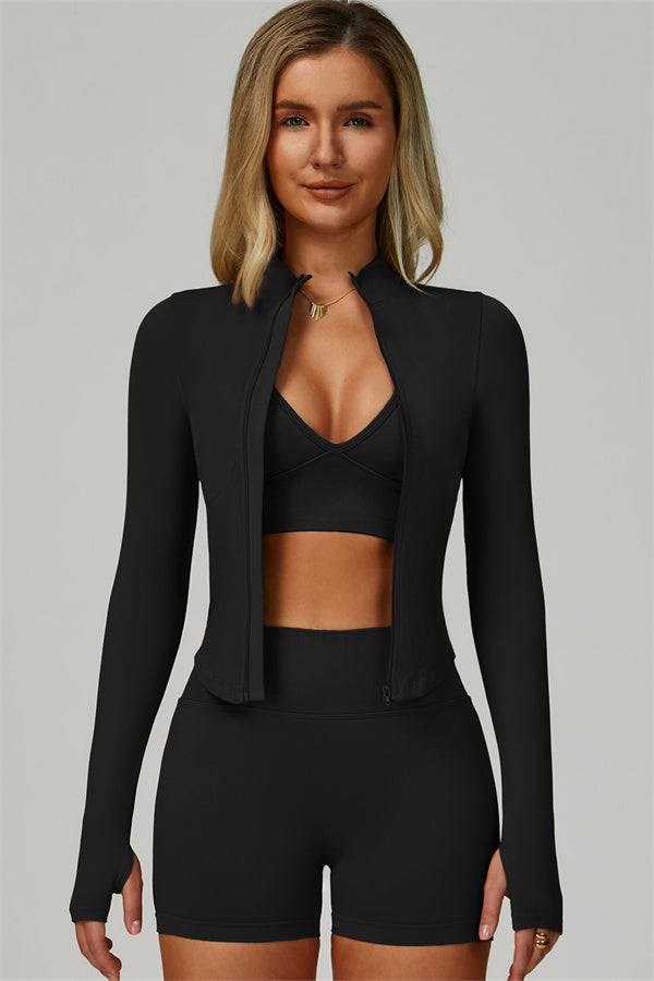 The Empower Jacket Sports Bra Shorts 3-Piece Set Black