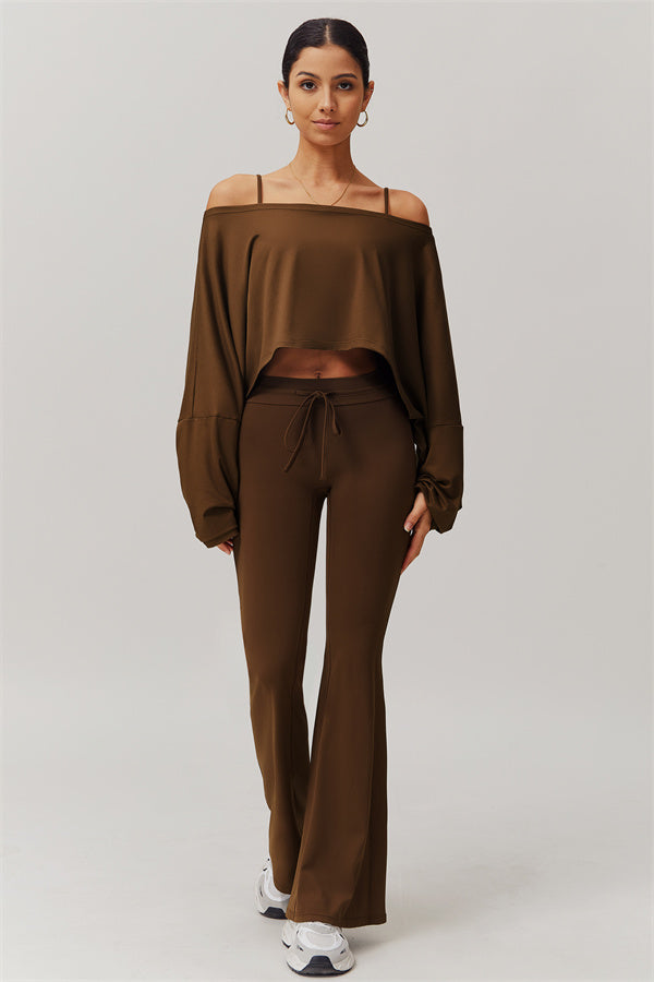The Resonate Drift Cropped Pullover Flared Leggings 2-Piece Set Taupe