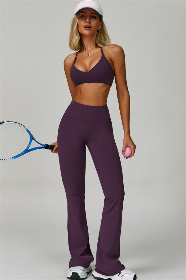 The Bold Cross Back Sports Bra Flared Leggings 2-Piece Set Matterhorn