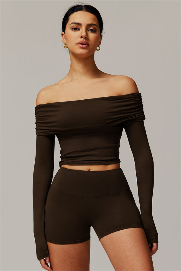 The Luxe Ruched Long Sleeve Off-Shoulder Top Shorts 2-Piece Set Bistre