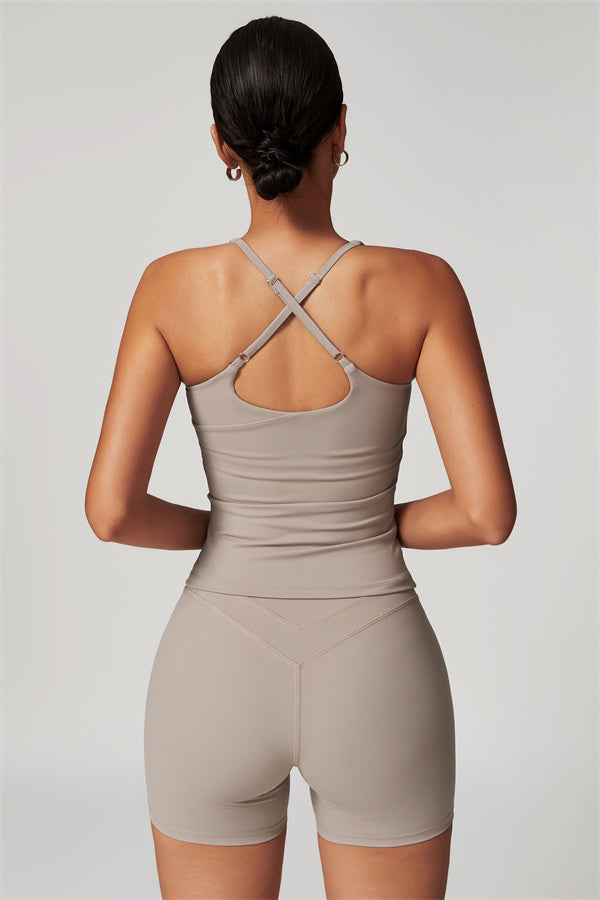 The Enigma Cross Back Vest Shorts 2-Piece Set Camel