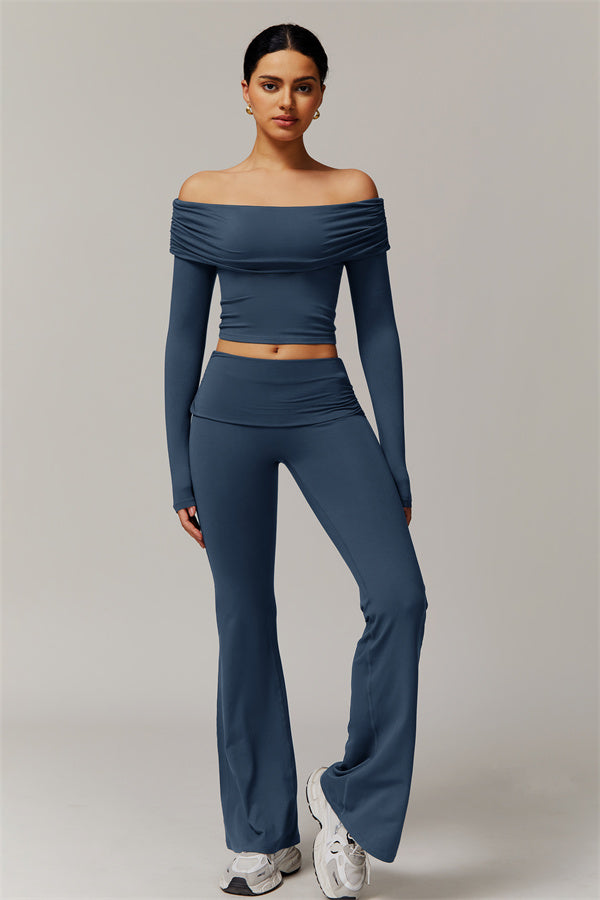 The Luxe Ruched Long Sleeve Off-Shoulder Top Flared Leggings 2-Piece Set