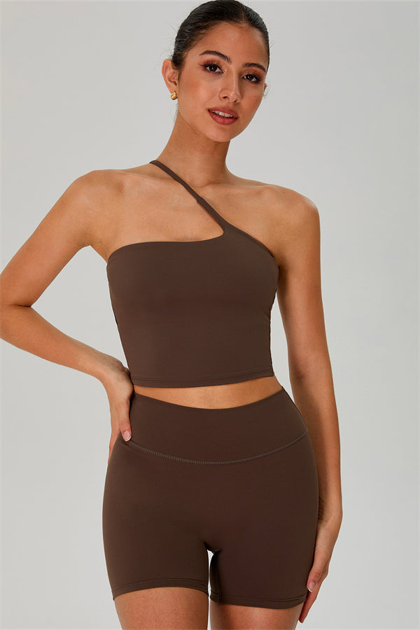 The Jewel One-Shoulder Crop Top Shorts 2-Piece Set Taupe