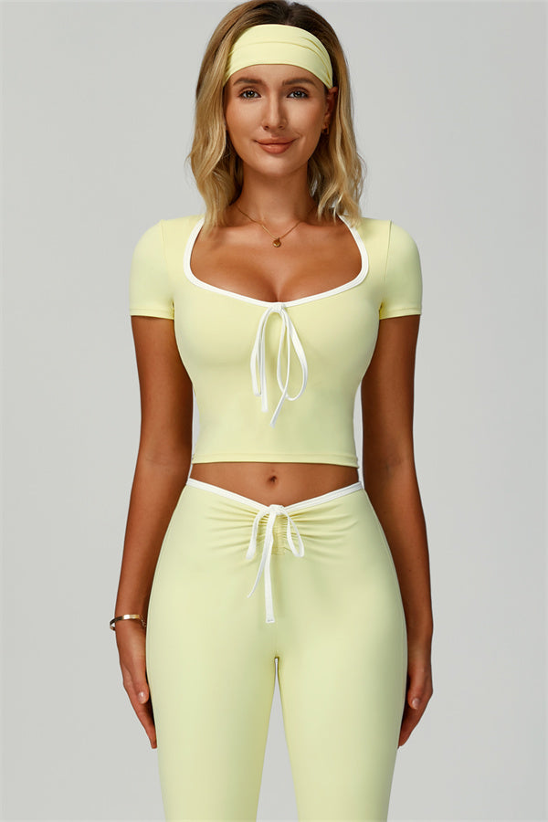 The Skyline Tie Top Flared Leggings Headband 3-Piece Set Yellow Tan