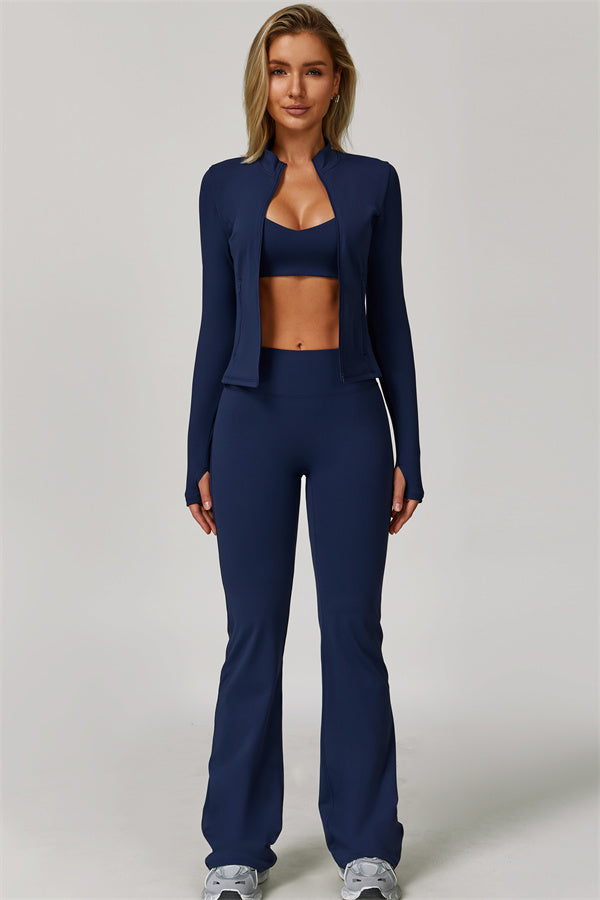 The Refresh Jacket Sports Bra Flared Leggings 3-Piece Set Cobalt