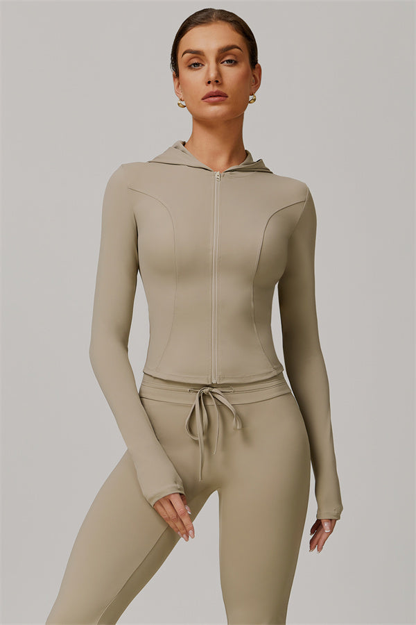 The Lumina Hooded Jacket Flared Leggings 2-Piece Set UPF 50+ Beige