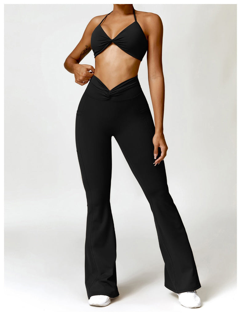 Double Twist Bra Top & Flared Set Black