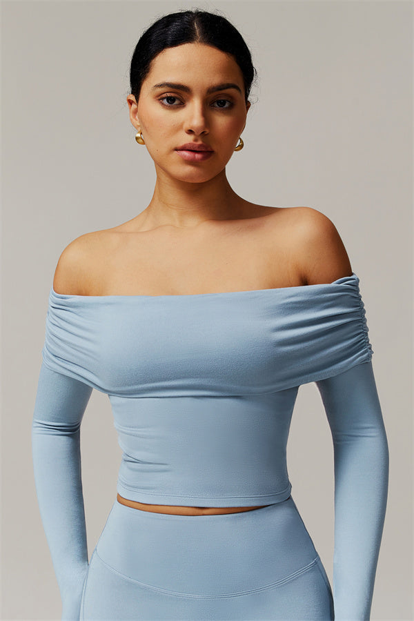 The Luxe Ruched Long Sleeve Off-Shoulder Top Cornflower